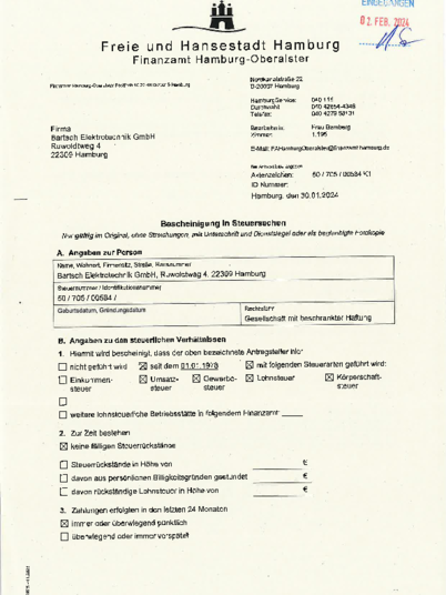 Bescheinigung in Steuersachen bei Bartsch Elektrotechnik GmbH in Hamburg