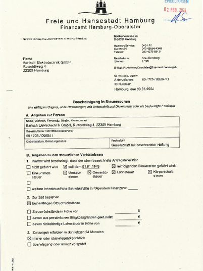 Bescheinigung in Steuersachen bei Bartsch Elektrotechnik GmbH in Hamburg