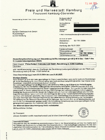 Freistellungsbescheinigung bei Bartsch Elektrotechnik GmbH in Hamburg