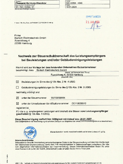 Nachweis Steuerschuldnerschaft bei Bartsch Elektrotechnik GmbH in Hamburg