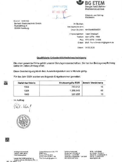 Unbedenklichkeitsbescheinigung bei Bartsch Elektrotechnik GmbH in Hamburg